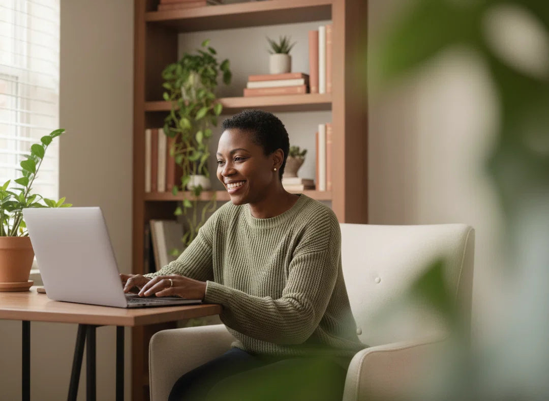 Woman using a laptop in a cozy living room with bookshelves and plants.